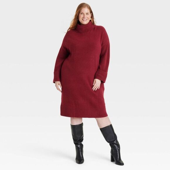 Ava & Viv - Women's Long Sleeve Cozy Knitted Midi Sweater Dres Red - Picture 1 of 3